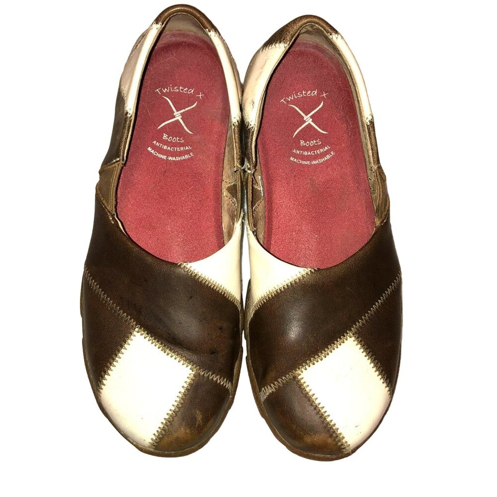 Twisted X Slip On Leather Shoes Sz 6 Patchwork Flats Brown Tan White Womens